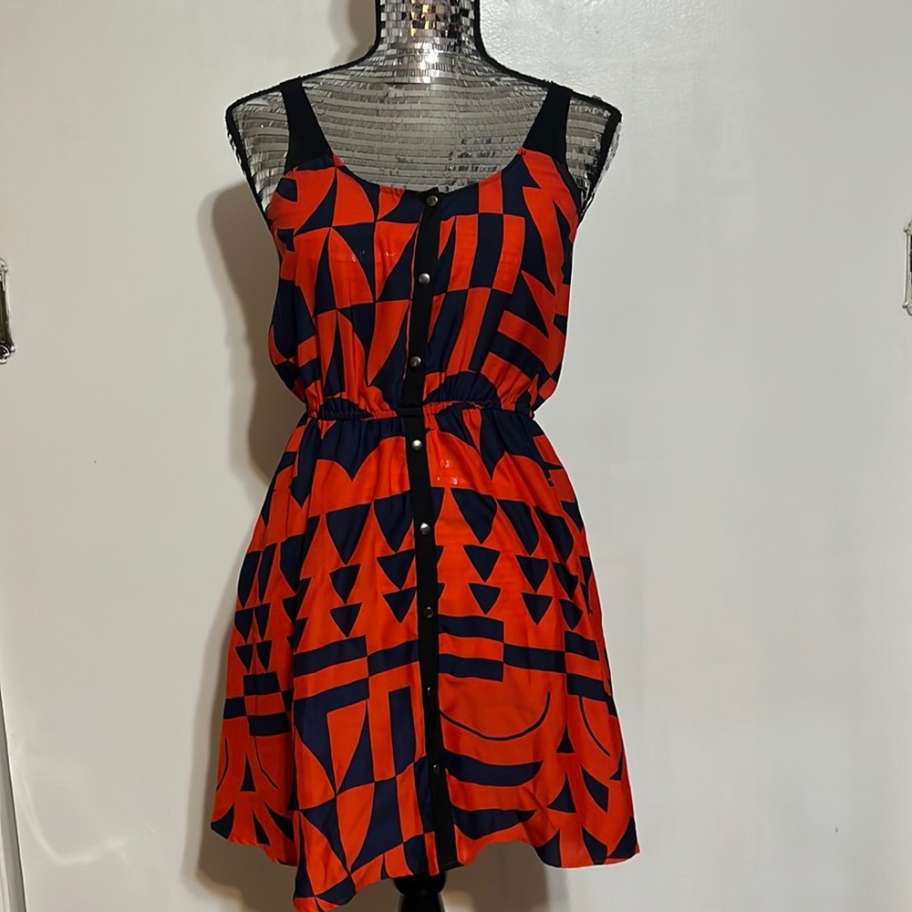 Silence + Noise Blood Orange & Blue Skater Mini Dress EUC - Size Small
